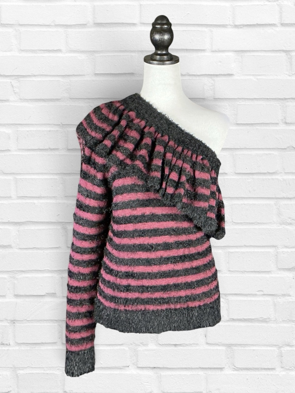 Wayf Sweater Black Red Striped One Shoulder Ruffle Fuzzy Glam Goth Grunge L NWT